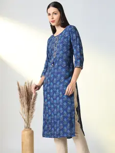 SHOWOFF Floral Printed Round Neck Three-Quarter Sleeves Mirror Work Straight Kurta