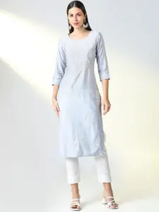 SHOWOFF Floral Embroidered Cotton Straight Kurta