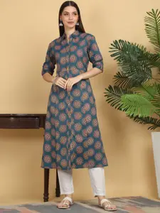 KALINI Ethnic Motifs Printed Shirt Collar Cotton Straight Kurta