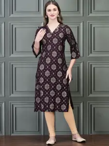 Shree Ethnic Motifs Printed V-Neck Sequinned Liva Straight Kurta