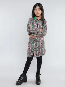 taffykids Girls Printed Shirt Collar Long Sleeves Sweatshirt With Skirt