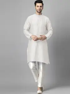 Utsav Fashion Men High Slit Raw Silk Kurta with Trousers