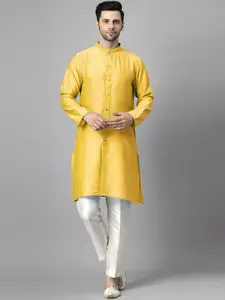 Utsav Fashion Men High Slit Raw Silk Kurta with Trousers