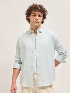 THE BEAR HOUSE Men Spread Collar Vertical Striped Cotton Slim Fit Casual Shirt