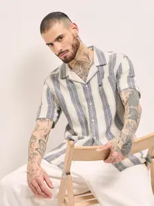 THE BEAR HOUSE Men Cuban Collar Vertical Striped Cotton Casual Shirt