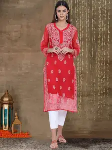 PARAMOUNT CHIKAN Ethnic Motifs Embroidered Lucknowi Chikankari Georgette Kurta With Inner