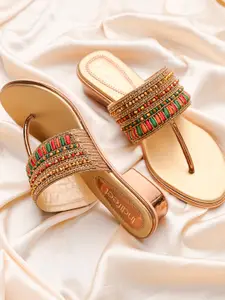 Indifeet Women Embellished T Strap Ethnic and Traditional Golden Block Heel Chappals