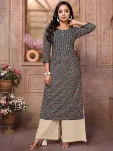 Rangita Floral Printed Mirror Work Round Neck Pure Cotton Straight Kurta