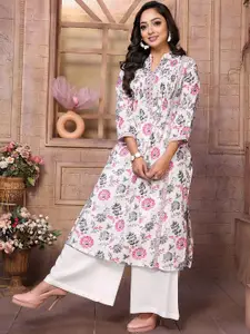 Rangita Floral Printed Mandarin Collar Mirror Work Cotton Straight Kurta