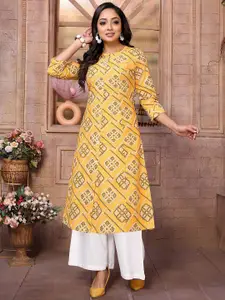 Rangita Bandhani Printed Mandarin Collar Roll Up Sleeves A-Line Cotton Kurta
