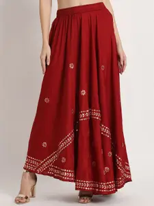 Moda Rapido Women Embroidered Flared Maxi Skirt with Detailing
