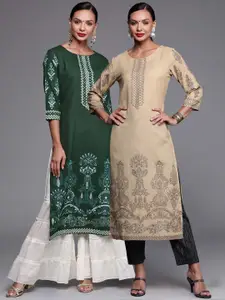 Indo Era Pack of 2 Ethnic Motifs Foil Print Straight Kurta