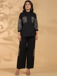 AUTUMN LANE Embellished Shirt Collar Three-Quarter Sleeves Top With Palazzo