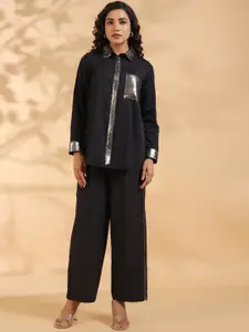 AUTUMN LANE Embellished Shirt Collar Long Sleeves Top With Trouser