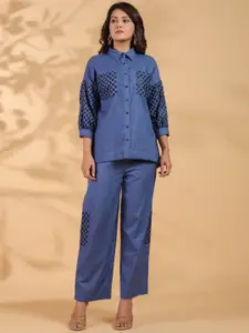 AUTUMN LANE Embroidered Shirt Collar Three-Quarter Sleeves Top With Trouser