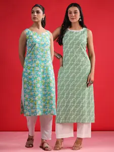 Indo Era Pack Of 2 Printed Round Neck Sleeveless Gotta Patti Cotton Straight Kurta