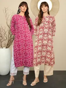 Indo Era Pack Of 2 Floral Printed Round Neck Straight Kurta