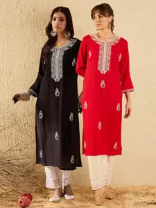 Indo Era Pack of 2 Ethnic Motifs Embroidered Straight Kurta