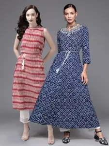 Indo Era Pack Of 2 Floral Printed Notch Neck A-line Kurta