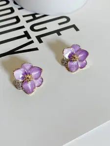 VAGHBHATT Rhodium-Plated Stainless Steel Rhinestone New Drop Oil Camelia Floral Studs