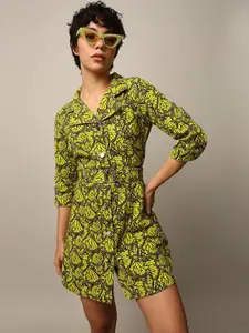 ONLY Women Cotton Floral Printed Shirt Style Belted Mini Dress