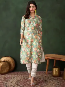 Sangria Floral Printed Round Neck Straight Kurta