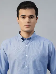 English Navy Men Button-Down Collar Micro Checked Cotton Slim Fit Formal Shirt