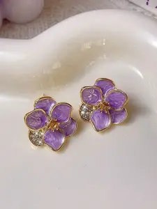 KRENOZ Rhodium-Plated Stainless Steel Rhinestone New Drop Oil Camelia Floral Studs