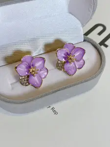 KRENOZ Rhodium-Plated Stainless Steel Rhinestone New Drop Oil Camelia Floral Studs