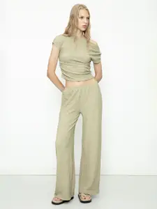Fashion Gaiia Self Design Textured One Shoulder Crop Top With Trouser
