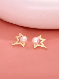 KAI JEWEL 92.5 Sterling Silver Gold-Plated CZ Studded & Pearls Contemporary Studs Earrings