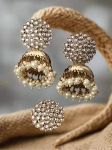 Jazz and Sizzle Gold-Plated White Kundan Studded Circular Jhumkas Earrings