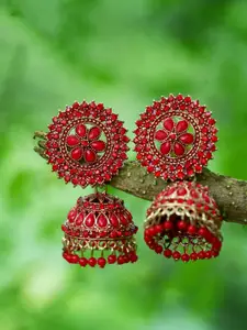 DIVASTRI Gold-Plated Stone Studded & Beaded Dome Shaped Jhumkas