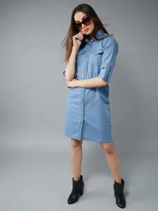 The Roadster Lifestyle Co. Women Pure Cotton Shirt Collar Roll-Up Sleeves Denim Dress