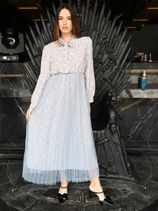 ODETTE Women Blue Georgette And Net Printed Dress For Women