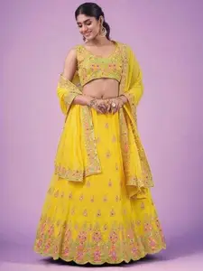 TIKODI Embroidered Mirror Work Semi-Stitched Lehenga & Unstitched Blouse With Dupatta