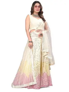 TIKODI Embroidered Mirror Work Semi-Stitched Lehenga & Unstitched Blouse With Dupatta