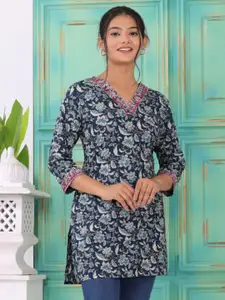 KALINI Floral Printed V-Neck Sequinned Pure Cotton Sequinned Kurti