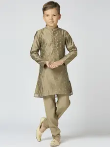 Sangria Boys Ethnic Motifs Woven Design Mandarin Collar Chanderi Cotton Kurta With Trouser