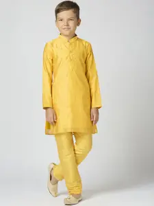 Sangria Boys Ethnic Motifs Woven Design Mandarin Collar Chanderi Cotton Kurta With Trouser