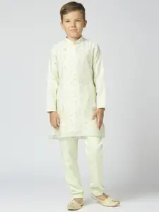 Sangria Boys Ethnic Motifs Woven Design Mandarin Collar Chanderi Cotton Kurta With Trouser