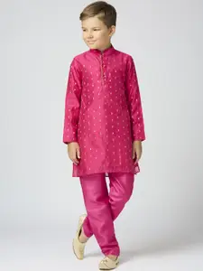 Sangria Boys Ethnic Motifs Woven Design Mandarin Collar Chanderi Cotton Kurta With Trouser