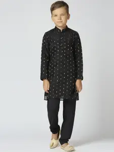 Sangria Boys Ethnic Motifs Woven Design Mandarin Collar Chanderi Cotton Kurta With Trouser
