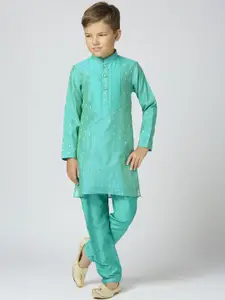 Sangria Boys Ethnic Motifs Woven Design Mandarin Collar Chanderi Cotton Kurta With Trouser