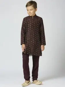 Sangria Boys Ethnic Motifs Woven Design Mandarin Collar Chanderi Cotton Kurta With Trouser