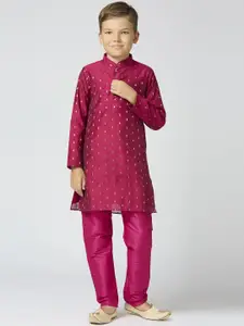 Sangria Boys Ethnic Motifs Woven Design Mandarin Collar Chanderi Cotton Kurta With Trouser