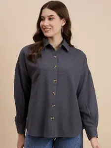 DRAPE AND DAZZLE Women Spread Collar Solid Cotton Oversized Casual Shirt