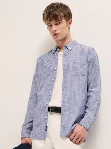 THE BEAR HOUSE Men Button-Down Collar Vertical Striped Cotton Casual Shirt