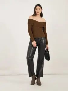 Styli Women Solid Ribbed Off Shoulder Fitted Pullover Sweater