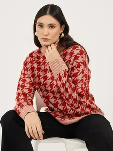 Styli Women Houndstooth Pattern Turtle Neck Regular Fit Pullover Sweater